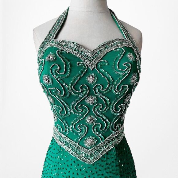 Vintage Green Beaded Halter Neck Bodycon Maxi Prom Dress Size XS/S - Picture 4 of 7
